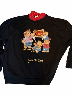 Basic Editions Black Sweatshirt with Red Polka Dot Collar and Honey Bear Graphic